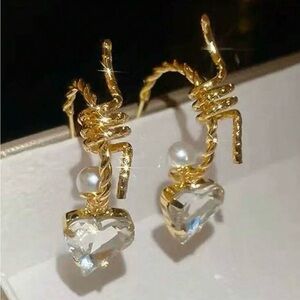 Twisted Gold and Crystal Heart Earrings